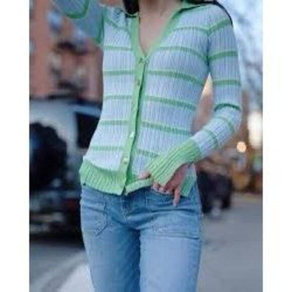 NWT Ramy Brook “Raya” Stripe Knit Button-front Sweater, in light blue and green - Picture 3 of 13